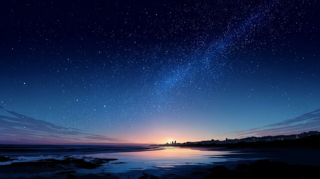 The night sky, dotted with stars, hangs over a calm countryside, its reflection shimmering on a still body of water, exuding serenity