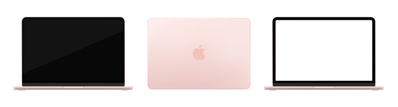 Photorealistic detailed New Apple Macbook NEO 2026 Blush mockup. Front and rear view on isolated on transparent background. Vector editorial PNG