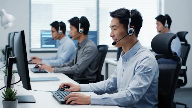 Asian male customer service agent working on a computer in a busy call center office. Friendly operator celebrates a successful deal or solves a difficult problem