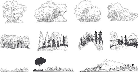 Various detailed black and white of trees and landscapes with different styles and compositions nature © Montaha,, Creatives