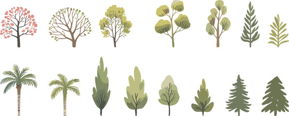 Various types of trees and plants with different leaf shapes and colors including palm trees and pine trees © Montaha,, Creatives