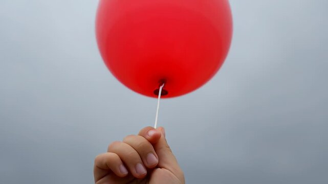 Holding red balloon grey sky