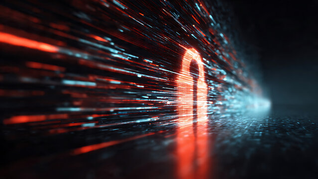 Abstract digital security concept with glowing padlock and data streams