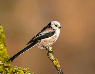 Obraz premium A small bird perches on a mossy branch against a blurred background