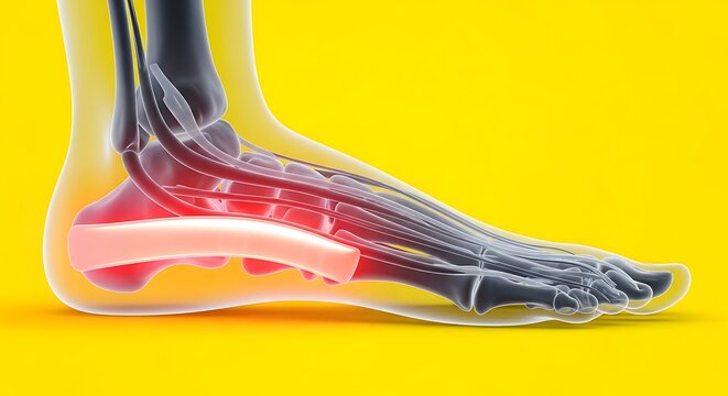 Anatomical Illustration of Foot Showing Bones, Muscles, and Tendons with Highlighted Pain Areas.