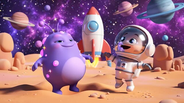 A cute chibi astronaut and a friendly purple alien share a joyful high-five on a vibrant alien world with a rocket and colorful planets behind them.