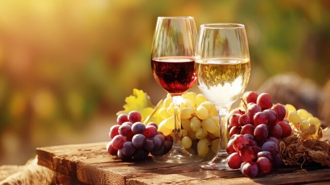 vineyard. Glasses of red and white wine with ripe grapes on a wooden table in a rustic vineyard setting. bar promotions, beverage menus, designed for food & beverage menus and cafe branding.