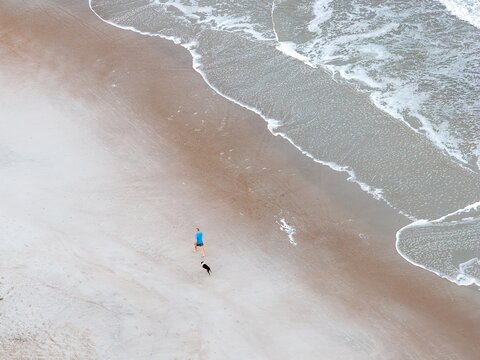 Aerial view of a man and his dog stroll along the expansive sandy beach where the foamy waves crash in rhythmic patterns, Amelia Island, Florida, United States.