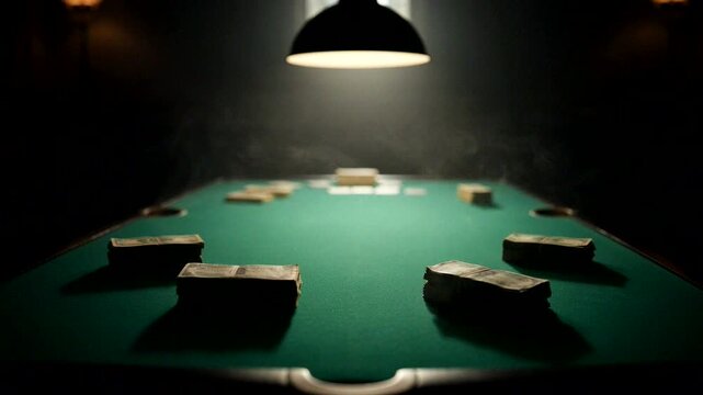 A deserted gambling table illuminated by a single light, surrounded by cash and a mysterious atmosphere.