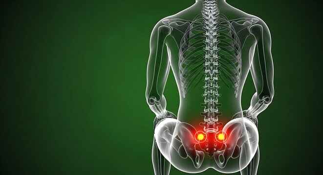 Medical Illustration of Human Spine and Lower Back Pain with Highlighted Areas.