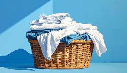 Wicker laundry basket with neatly folded clothes against blue background symbolizing cleanliness organization and home care