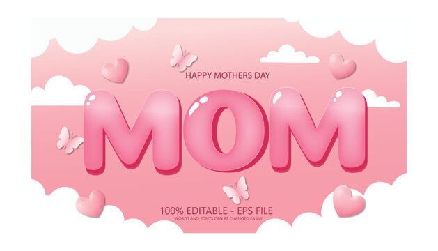 Editable Mother&rsquo;s Day text effect with pink 3D bubble style lettering and soft heart background