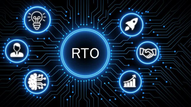 Glowing neon digital circuit board with icons representing RTO and operational business elements.  success strategy digital innovation.