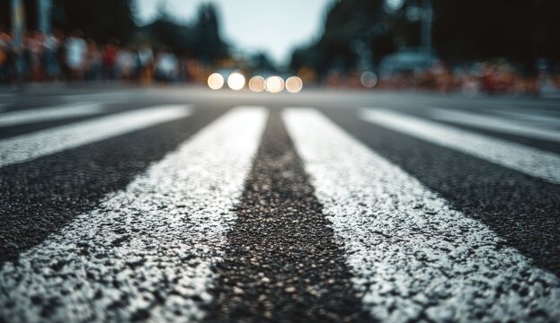 Close-up on a textured asphalt road with white crosswalk stripes, urban