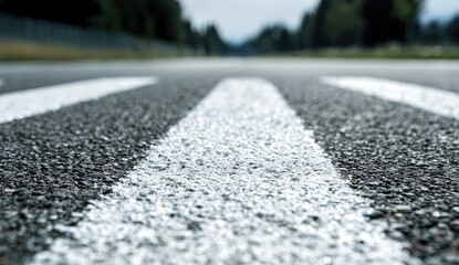 Fototapeta premium Close-up asphalt road with white lines, vanishing point on horizon