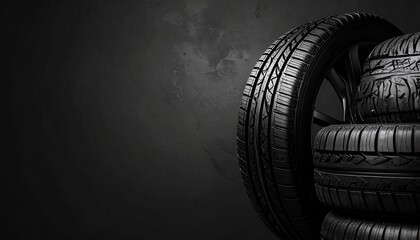Three upright black car tires with detailed tread patterns symbolizing automotive safety durability and performance design