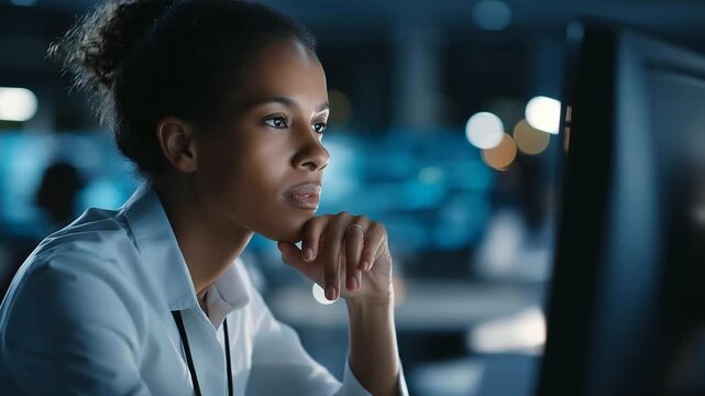 Faceless African American female engineer working on computer in modern factory, professional woman managing industrial manufacturing processes, with copy space