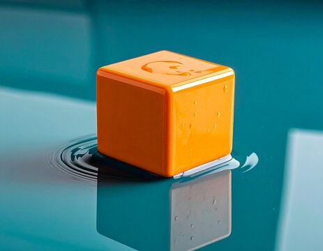 A small orange cube with a logo on a wet surface