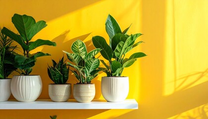 Bright indoor living space with potted houseplants against yellow wall symbolizing natural decor wellness and serene atmosphere