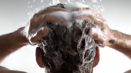 Naklejka premium Person washing hair with shampoo and water lathering on scalp, creating foam during a refreshing shower, cleaning and massaging head for healthy hygiene and self care routine