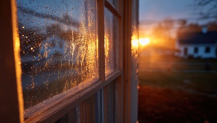 Fototapeta premium Close-up view of a windowpane with raindrops, reflecting warm light against a twilight scene