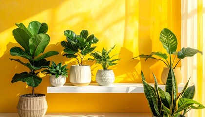 Bright indoor living space with potted houseplants against yellow wall symbolizing natural decor wellness and serene atmosphere