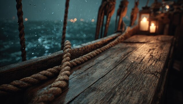 Rough wooden deck of a ship at sea, lit by lanterns, with choppy waves