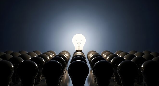 One bright glowing light bulb standing out from a group of dark bulbs representing a great idea and innovation