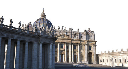 Fototapeta premium 3D rendering of St. Peter's Basilica from St. Peter's Square, with detailed architectural view and transparent background. Ideal for editorial, cultural, and design projects.