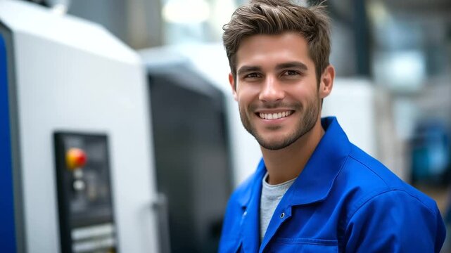Faceless smiling factory worker in blue uniform beside CNC machine, portrait of young industrial engineer in modern manufacturing plant, with copy space