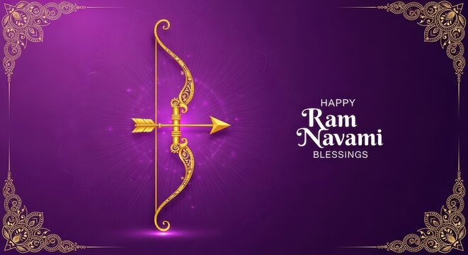 Elegant greeting card for the hindu festival ram navami featuring a golden bow and arrow.
