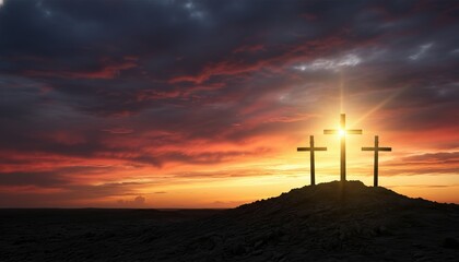 Obraz premium Cross Christianity Sunset Easter Resurrection Jesus Faith. Three wooden crosses silhouette on a rocky hill under a dramatic glowing sky for Good Friday and worship concepts.