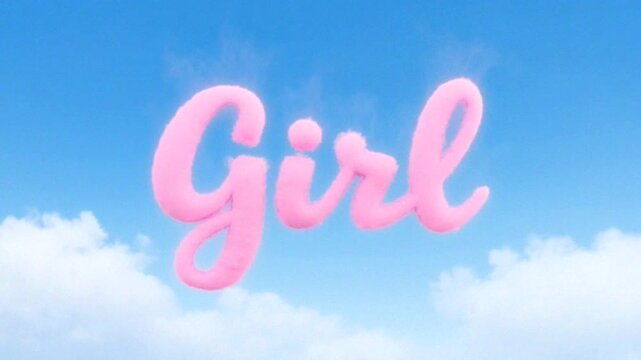 Pink fluffy script word "girl" floating against a bright blue sky with soft clouds.
