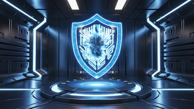 Futuristic room with a shield logo on a glowing blue platform, surrounded by neon lights and sleek metallic walls.