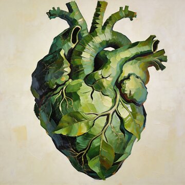 abstract artistic green human heart made of leaves symbol of nature life and organic anatomy