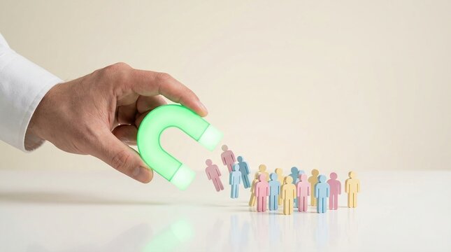 magnet, customer acquisition, lead generation, recruitment, human resources, marketing, attraction strategy concept with glowing green tool pulling colorful people icons together.