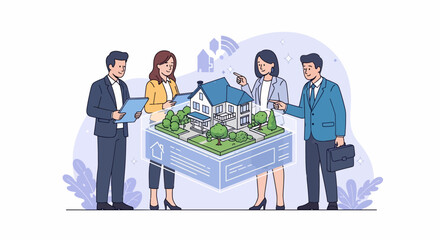 Naklejka premium Business professionals engaged in data analysis during a meeting around a large model of a building with greenery