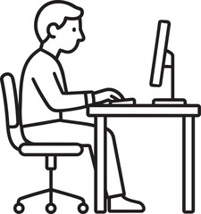 Fototapeta premium Man working at fixed workplace desk with computer monitor representing office employee outline vector illustration design