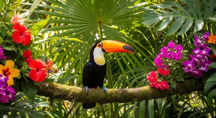 Fototapeta premium Vibrant toucan perched on a branch surrounded by colorful tropical flowers