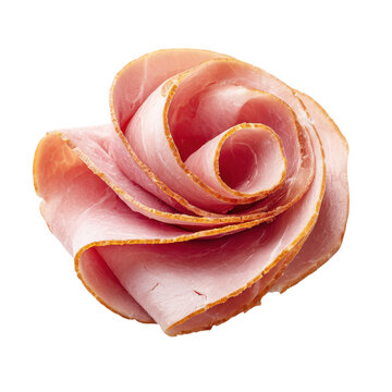 Vibrant photo of A single rose made of sliced deli ham isolated on transparent background
