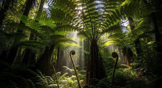 Sun Rays Filtering Through Giant Ferns in Deep Prehistoric-Looking Forest