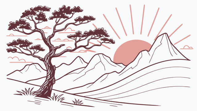 Feminine Sedona Sunset Mountain Badge with Juniper Tree Outline Vector