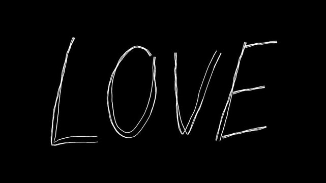 LOVEのの落書き線画文字。線が動く手描きのアイコン動画。ループする4Kアニメーション。黒背景に白いペンでフリーハンドで描いた絵のデコレーションスタンプ