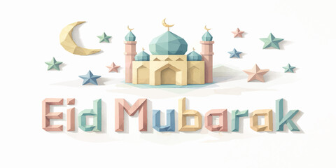 Fototapeta premium Minimal Eid Mubarak Paper Craft Mosque on White Background