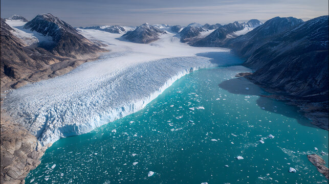 An aerial perspective of the Eqi glacier in Western Greenland, Denmark, Polar Regions.