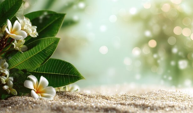 Tropical blossoms, lush leaves, and sparkling sand create a serene, sun-drenched scene