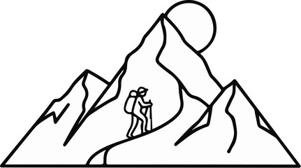 Silhouette of a hiker ascending a mountain with a sun peeking over peak