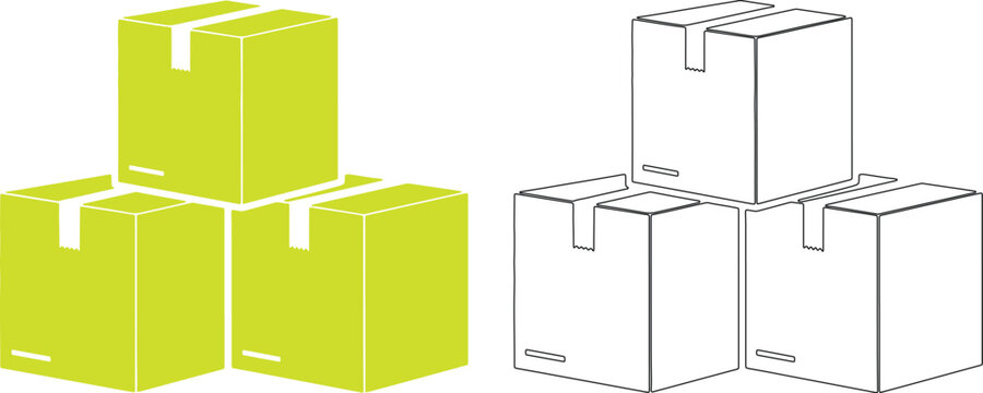 Stacked shipping boxes in yellow and black and white line