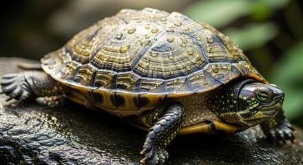 Beautiful Freshwater Turtle With Water Droplets On Shell