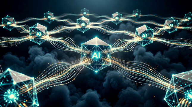 Three-Dimensional Web of Autonomous AI Agents Suspended in Volumetric Space with Glowing Polyhedron Nodes and Crystalline Data Stream Pathways in Dark Tech Environment